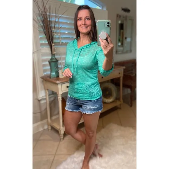 Sexy Sheer Burnout Drawstring Hoodie Tissue High Neck Top Shirt Mint