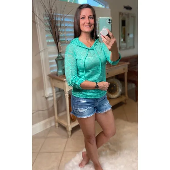 Sexy Sheer Burnout Drawstring Hoodie Tissue High Neck Top Shirt Mint