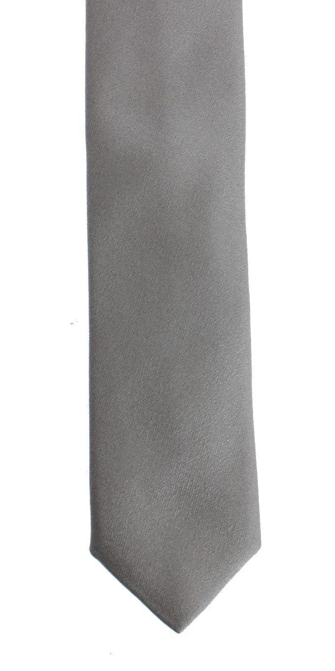 Silver Gray Solid Silk Skinny Slim Tie