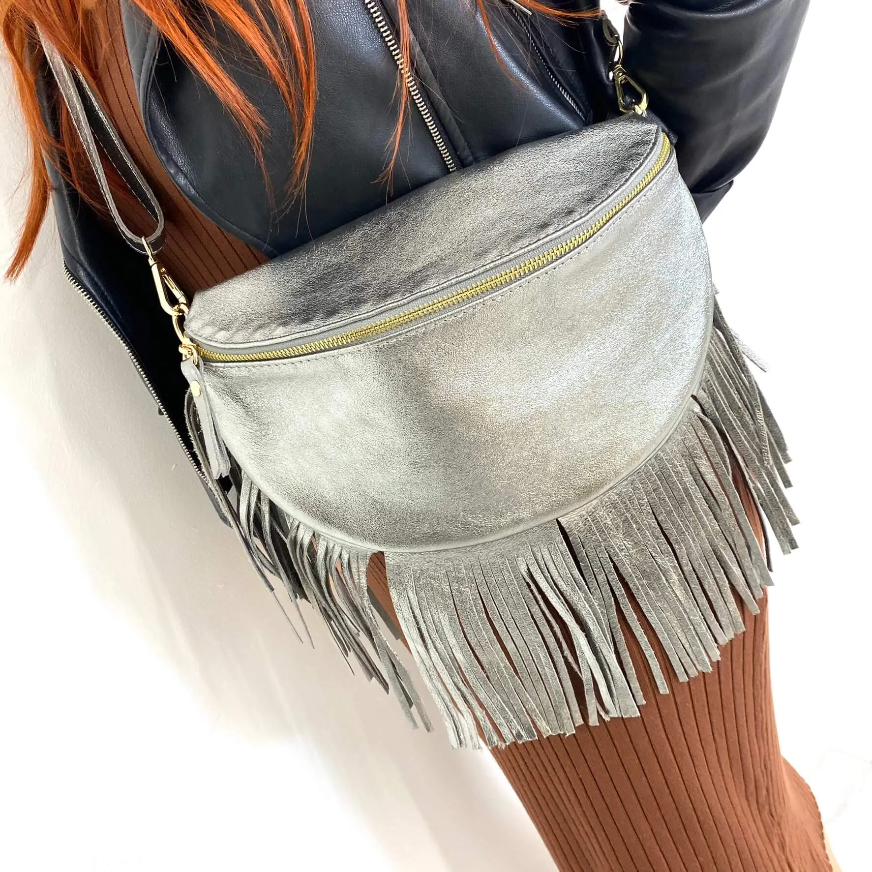 Silver Leather Fringed Crossbody Bag