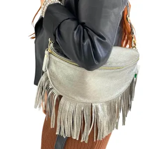 Silver Leather Fringed Crossbody Bag