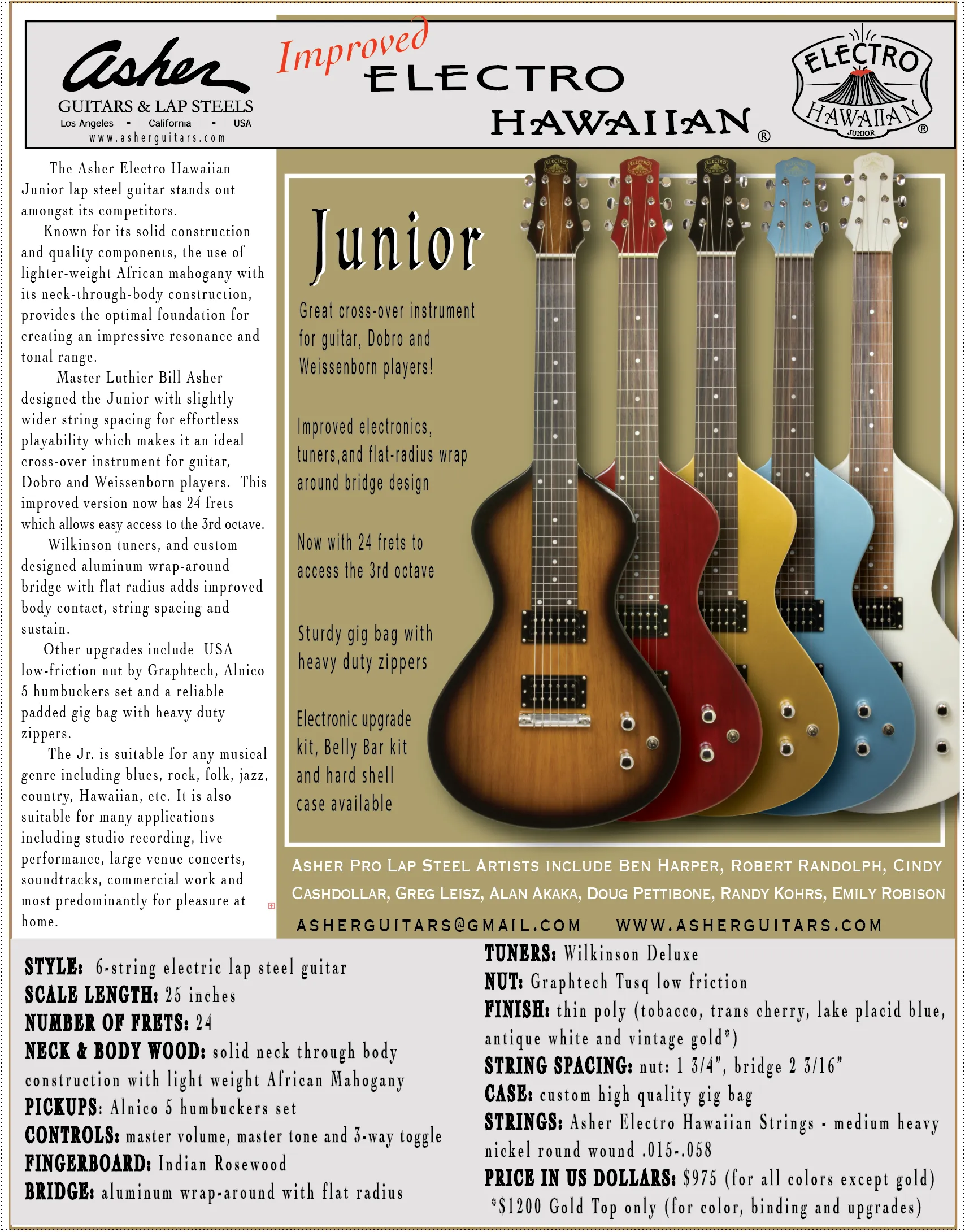 SOLD BONUS UPGRADE: 2022-2023 Asher Electro Hawaiian® Junior Lap Steel Tobacco Burst with LOLLAR PICKUPS, BELLY BAR AND SLIDE BAR!