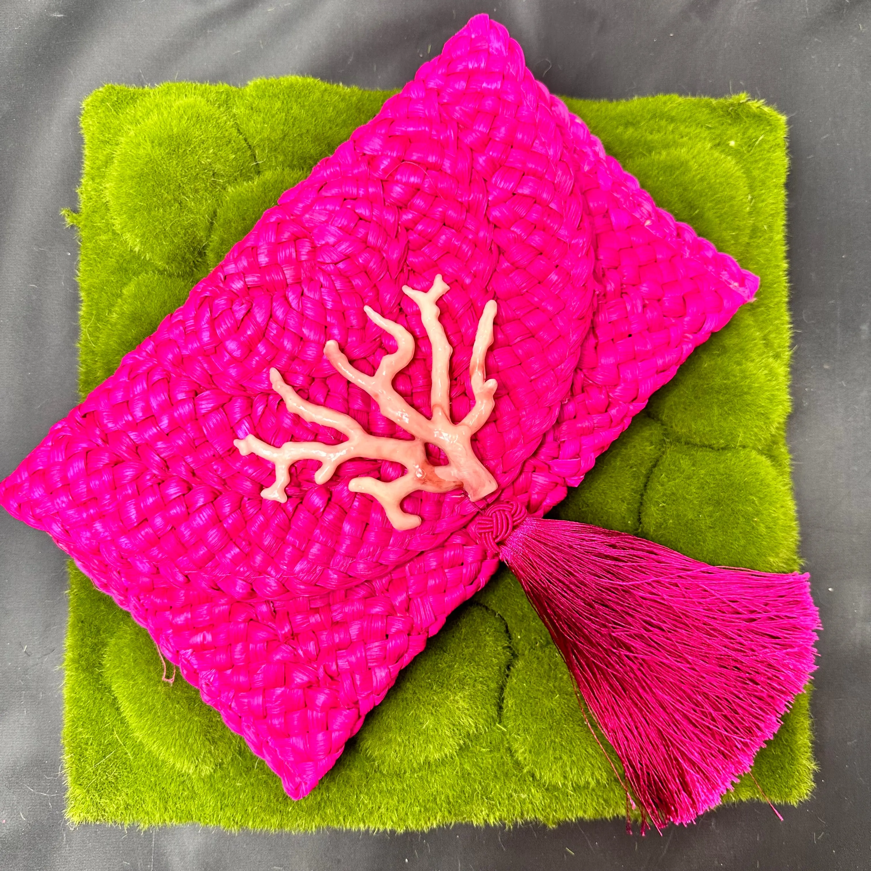 Straw clutch with acetate coral branch and silk tassel 520-02 | Erika Williner Designs
