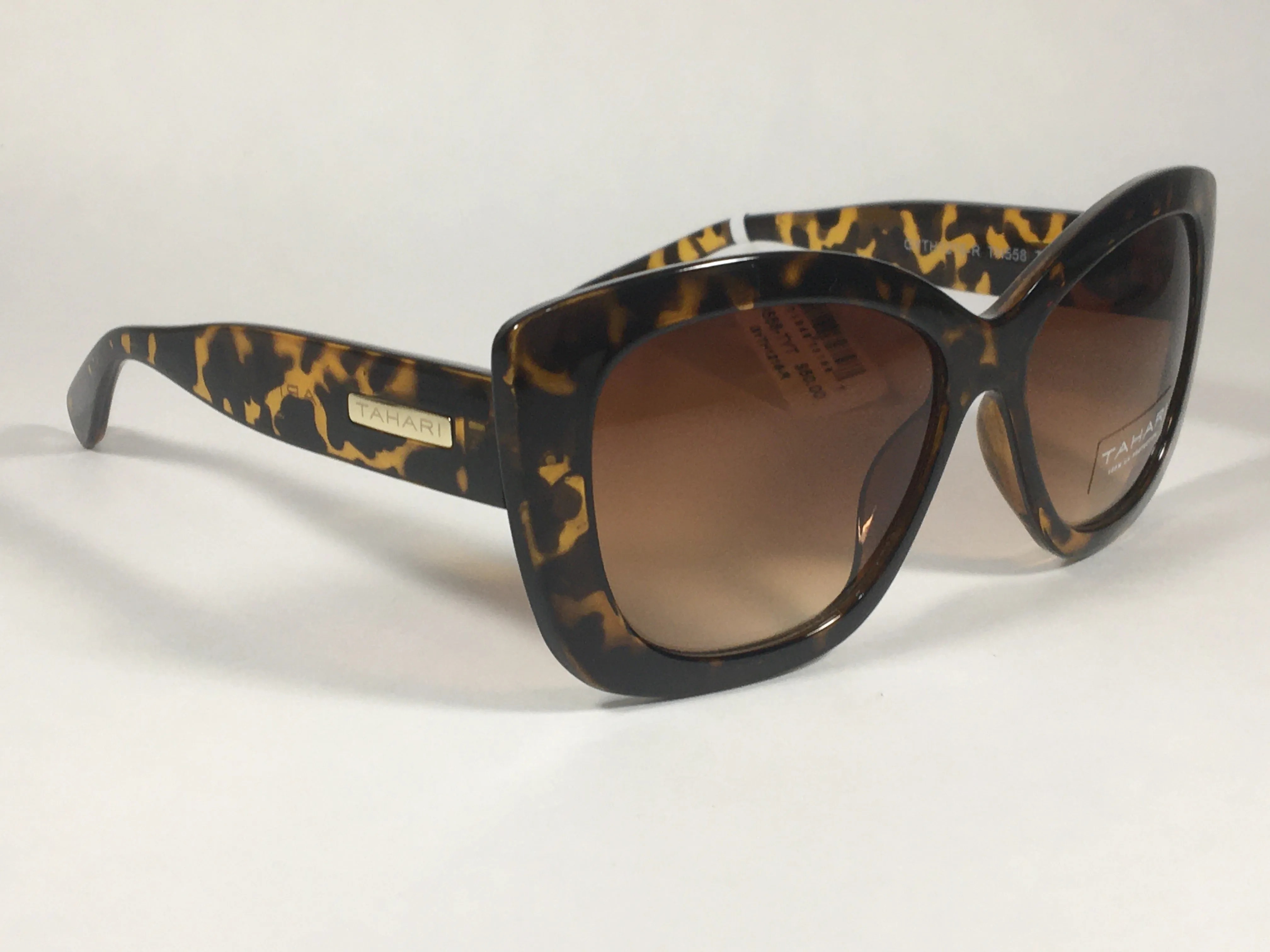 Tahari Large Cat Eye Sunglasses Brown Yellow Tortoise Frame Brown Gradient Lens TH558 TYT