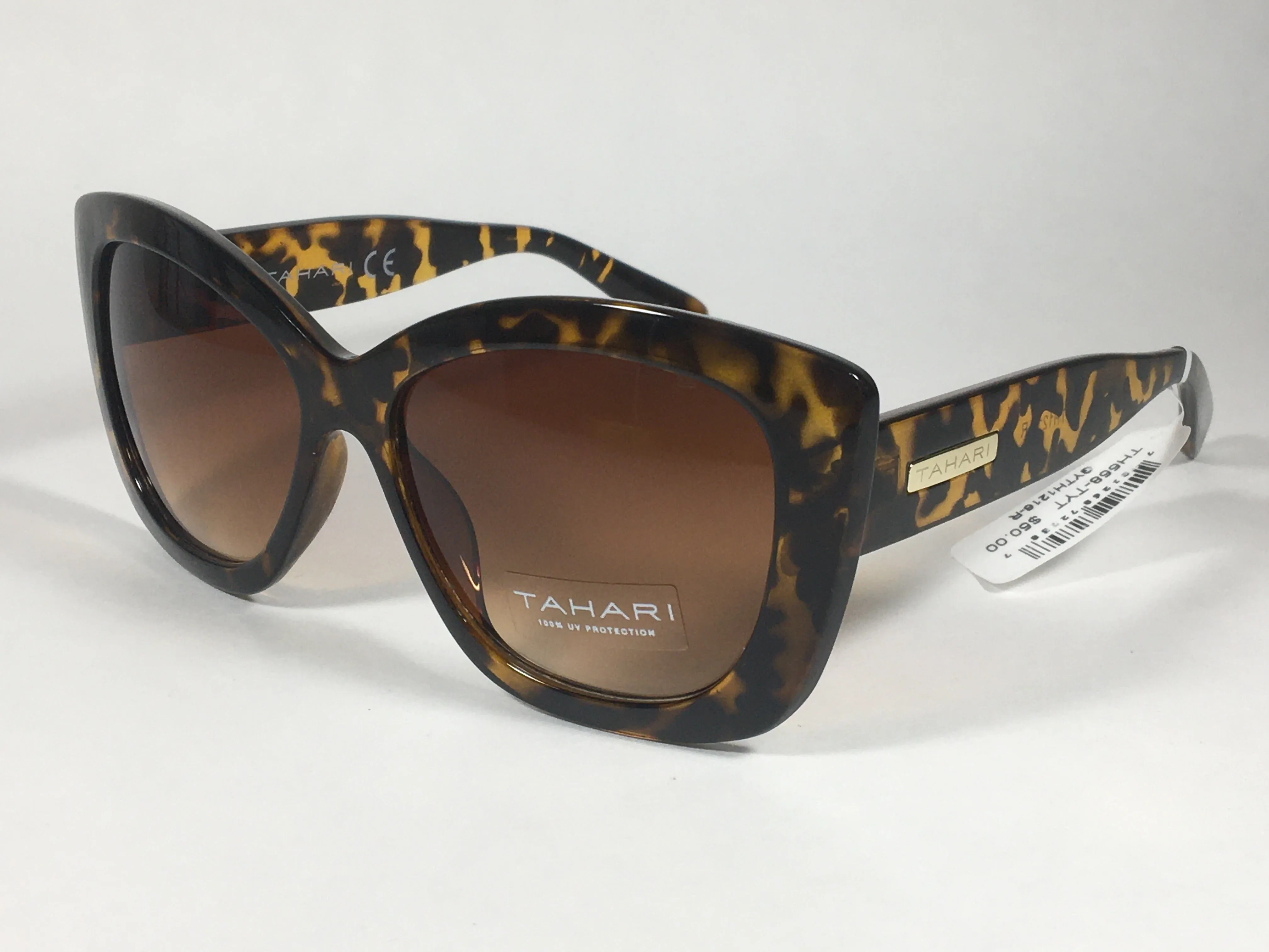 Tahari Large Cat Eye Sunglasses Brown Yellow Tortoise Frame Brown Gradient Lens TH558 TYT