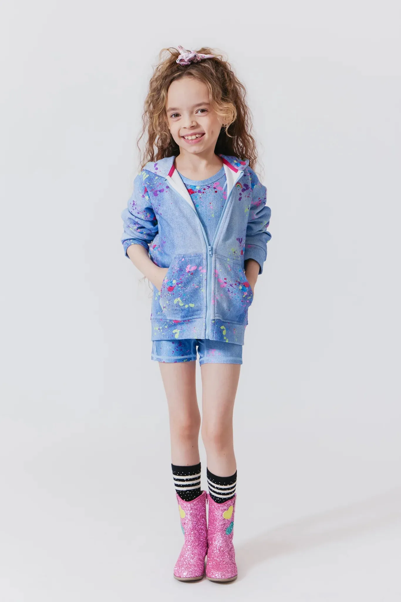 TEREZ- Girls Oversized Zip Hoodie in Denim Paint Splatter