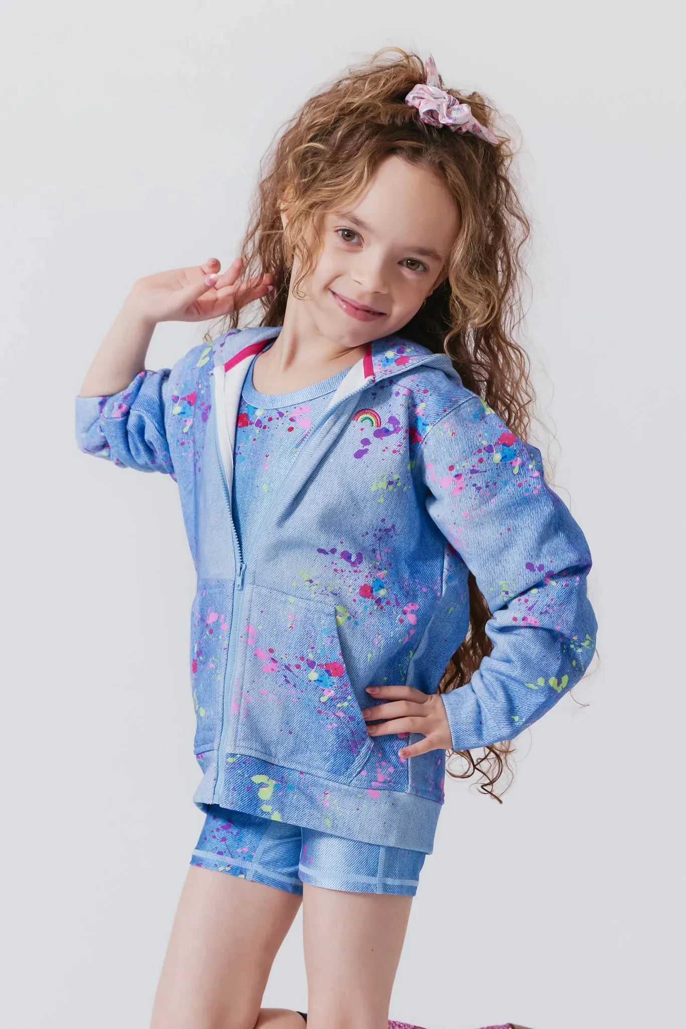 TEREZ- Girls Oversized Zip Hoodie in Denim Paint Splatter
