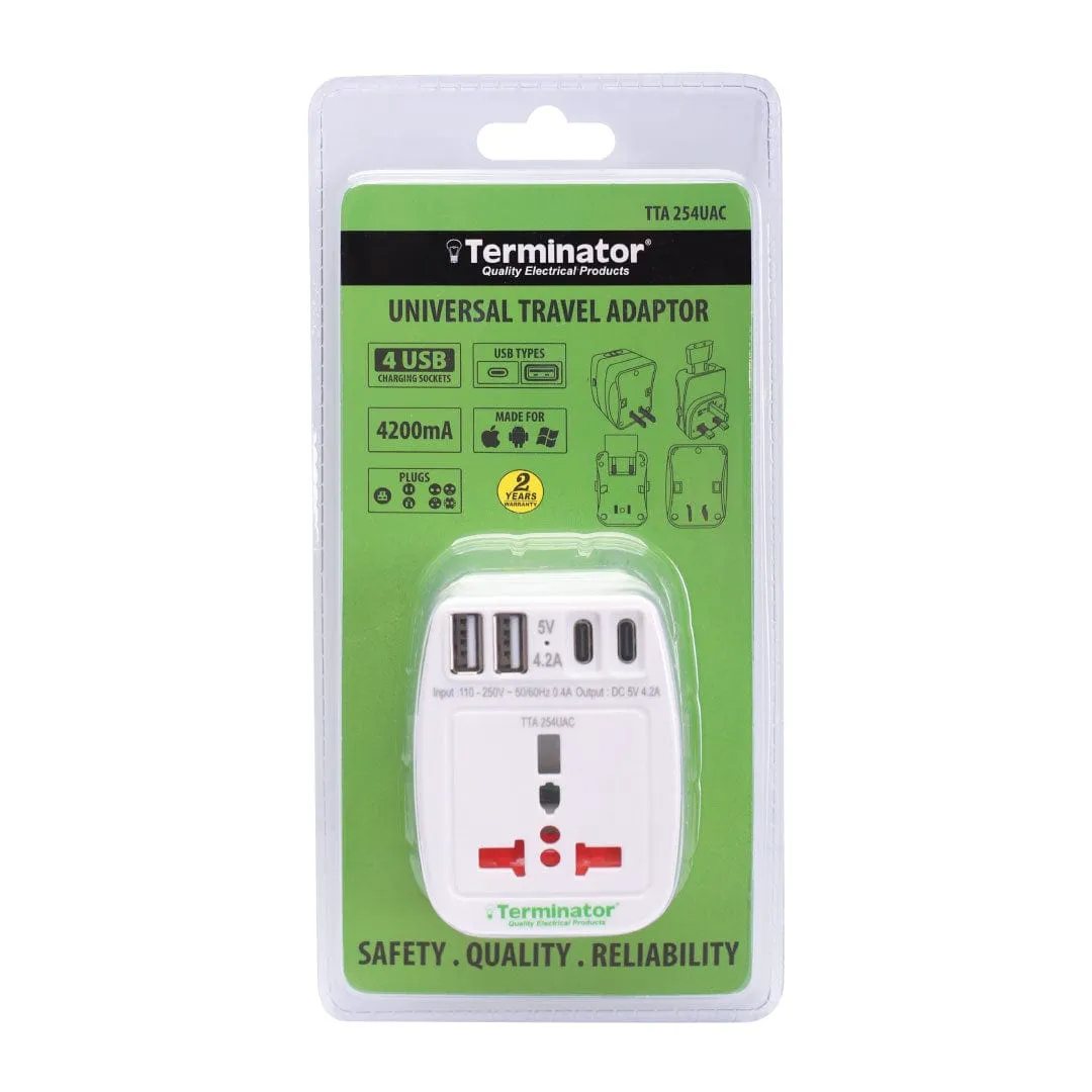 Terminator Multipin Universal Travel Adaptor With 4 USB - TTA 254UAC