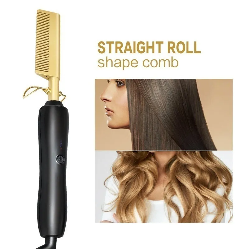Titanium Alloy Hair Curls Electric Comb Iron Straighten&Curling Hairstyle Tool，Gold
