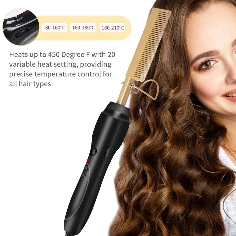Titanium Alloy Hair Curls Electric Comb Iron Straighten&Curling Hairstyle Tool，Gold