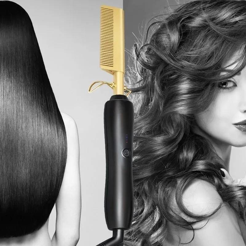 Titanium Alloy Hair Curls Electric Comb Iron Straighten&Curling Hairstyle Tool，Gold