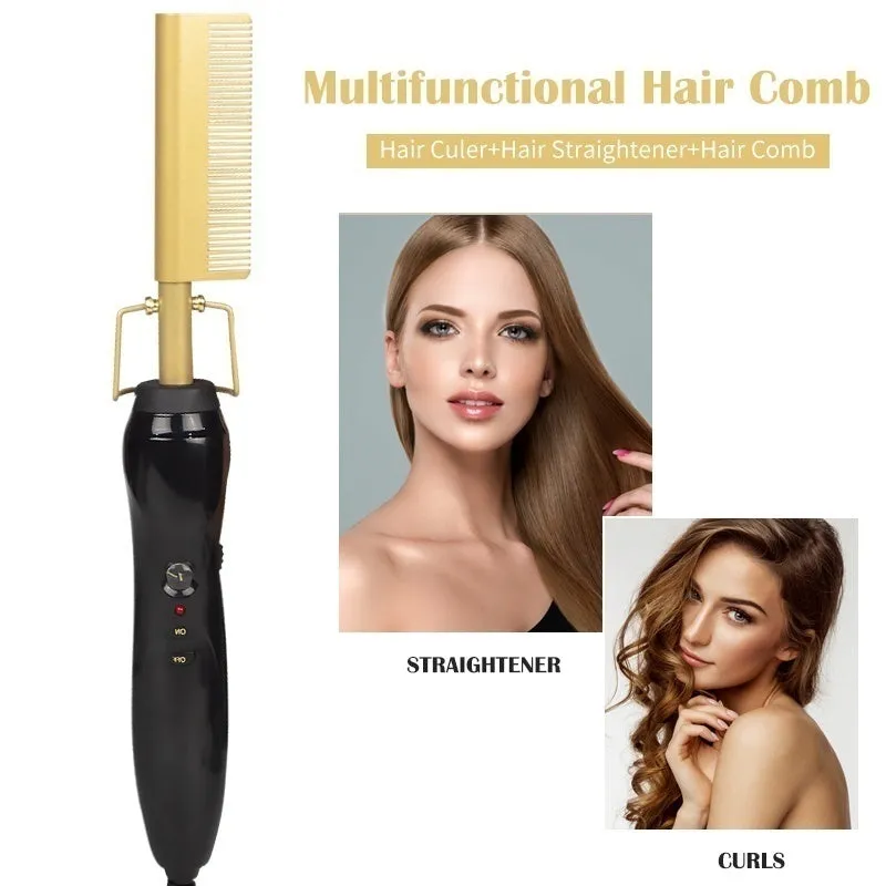 Titanium Alloy Hair Curls Electric Comb Iron Straighten&Curling Hairstyle Tool，Gold