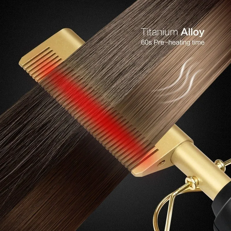 Titanium Alloy Hair Curls Electric Comb Iron Straighten&Curling Hairstyle Tool，Gold