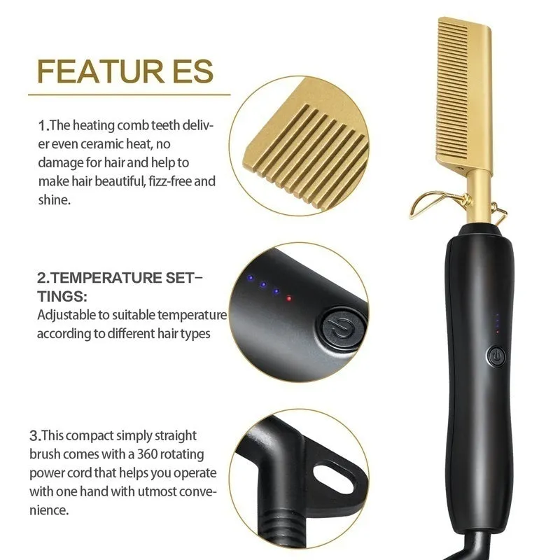 Titanium Alloy Hair Curls Electric Comb Iron Straighten&Curling Hairstyle Tool，Gold