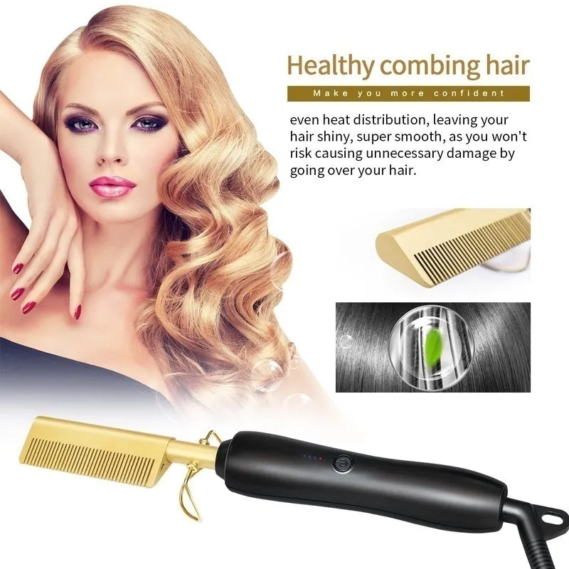 Titanium Alloy Hair Curls Electric Comb Iron Straighten&Curling Hairstyle Tool，Gold