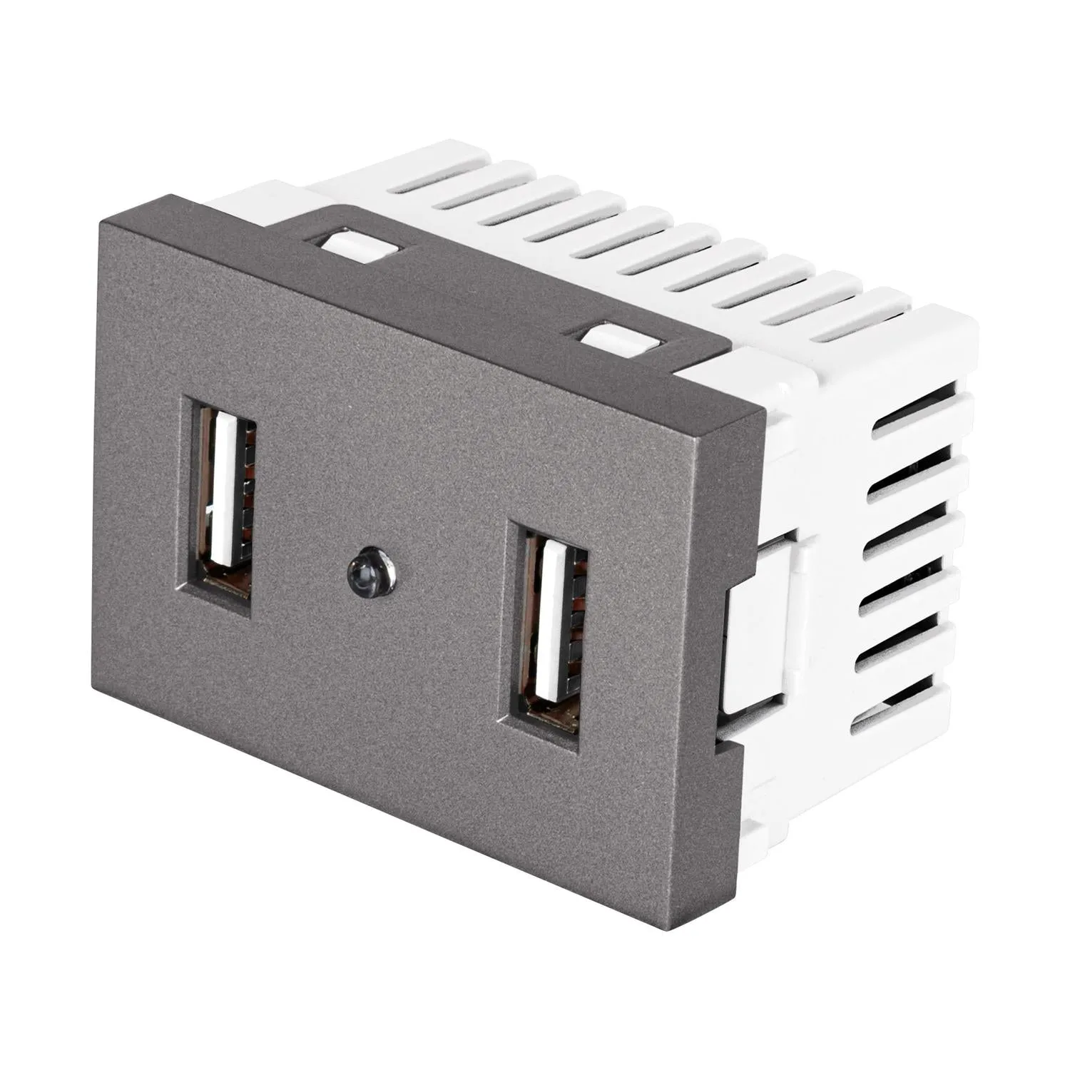 Toma 2 puertos USB acero inox de 1.5 módulos, línea Lisboa, Volteck 47829