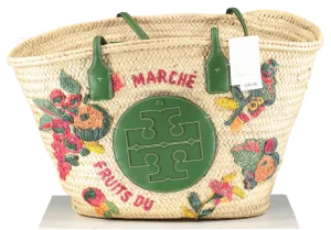 Tory Burch Ella Embroidered Straw Logo Basket Tote Bag