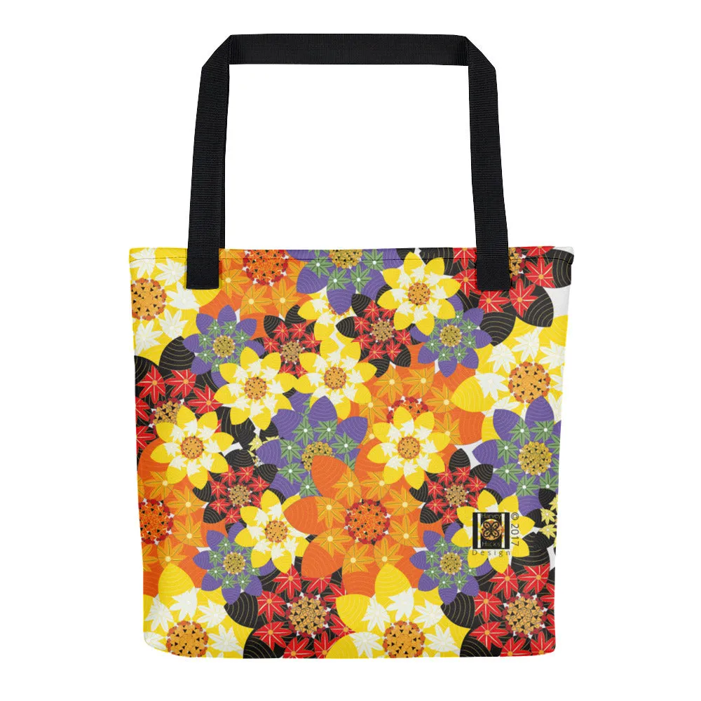 Tote bag made from spun polyester featuring bright stylized flora illustration, an all over print