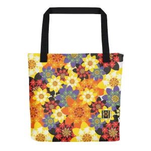 Tote bag made from spun polyester featuring bright stylized flora illustration, an all over print