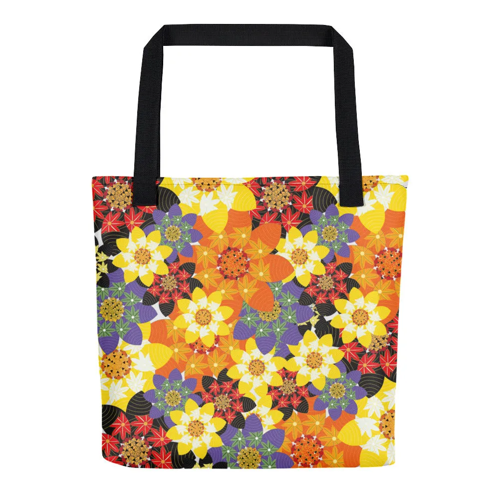 Tote bag made from spun polyester featuring bright stylized flora illustration, an all over print