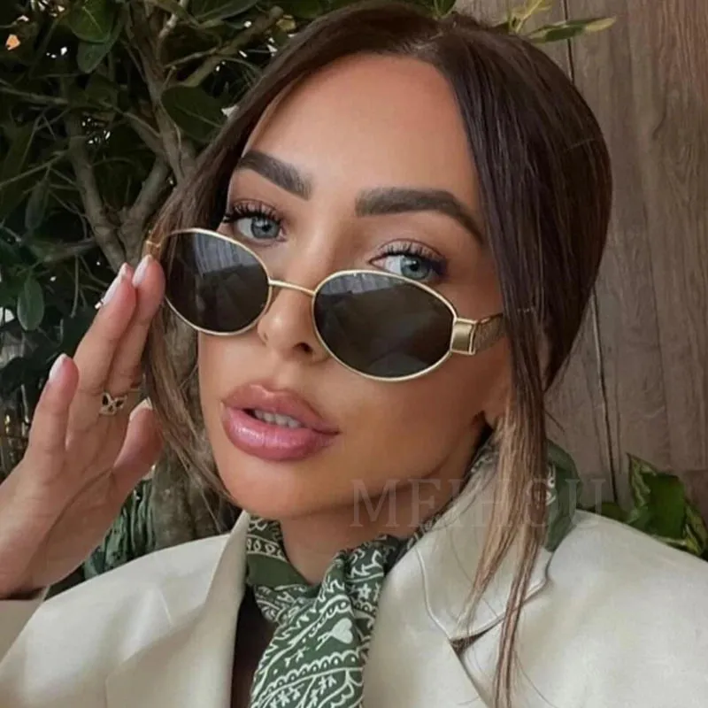 Trendy Oval Sunglasses New Luxury Fashion Metal Frame Sun Glasses Classic Vintage Oval Shades Unisex
