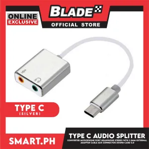 Type C Earphone Audio Splitter Converter Audio Microphone Port Headphone Stereo (Silver) With 3.5mm External Adapter Cable Aux Connector Sound Card 5.0