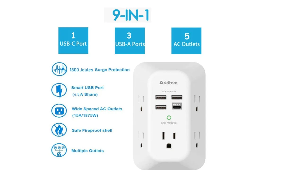 USB Wall Loader 5 Outlet Extender Protector with USB load ports