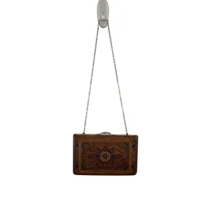Vintage 70s Brown Embossed Ornate Floral Design With Gold Chain Leather Clutch