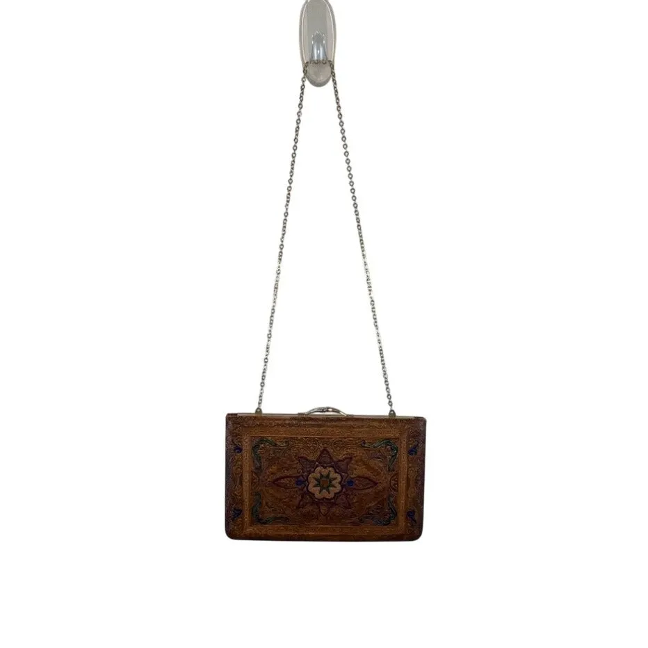Vintage 70s Brown Embossed Ornate Floral Design With Gold Chain Leather Clutch