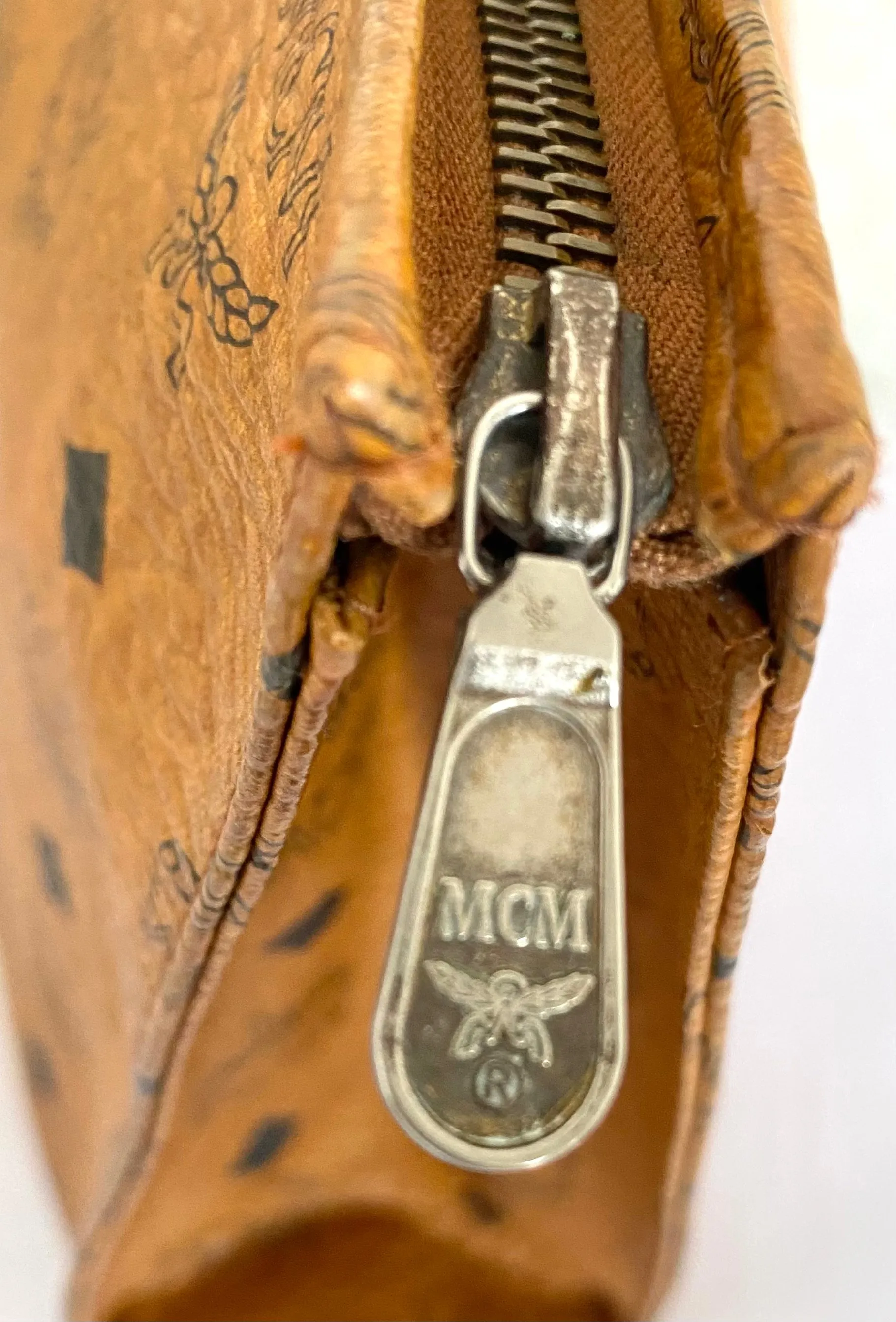 Vintage MCM classic brown monogram clutch bag, makeup pouch, toiletry bag. Clutch purse for unisex use, designed by Michael Cromer. 050605ya