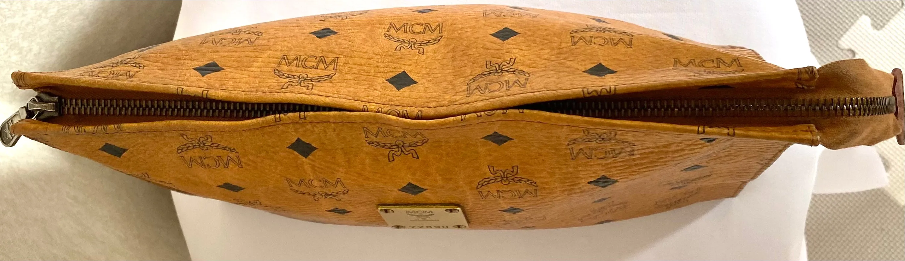 Vintage MCM classic brown monogram clutch bag, makeup pouch, toiletry bag. Clutch purse for unisex use, designed by Michael Cromer. 050605ya