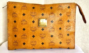 Vintage MCM classic brown monogram clutch bag, makeup pouch, toiletry bag. Clutch purse for unisex use, designed by Michael Cromer. 050605ya