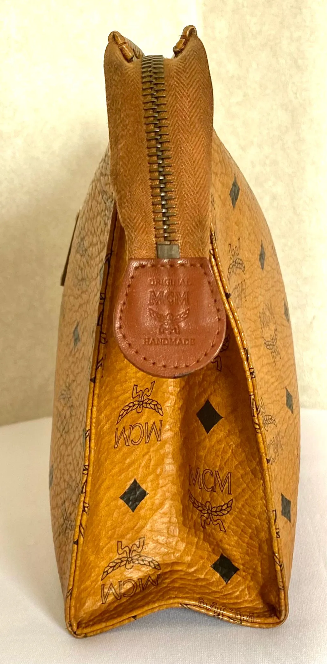 Vintage MCM classic brown monogram clutch bag, makeup pouch, toiletry bag. Clutch purse for unisex use, designed by Michael Cromer. 050605ya