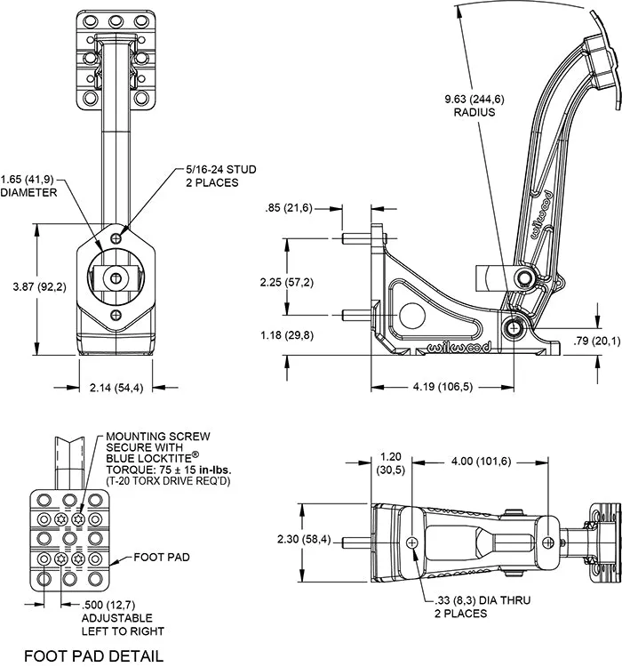 Wilwood PEDAL ASSEMBLY,6:1,SINGLE CLUTCH/BRAKE ALUMINUM BASE,FORGED PEDAL
