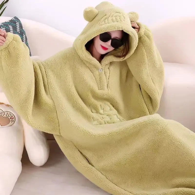 Winter Soft Fleece Oversized Blanket Robe With Sleeves Hooded Sweater Blanket Wearable Oversized Outdoor Warm Flannel Hoodie Blanket Robe