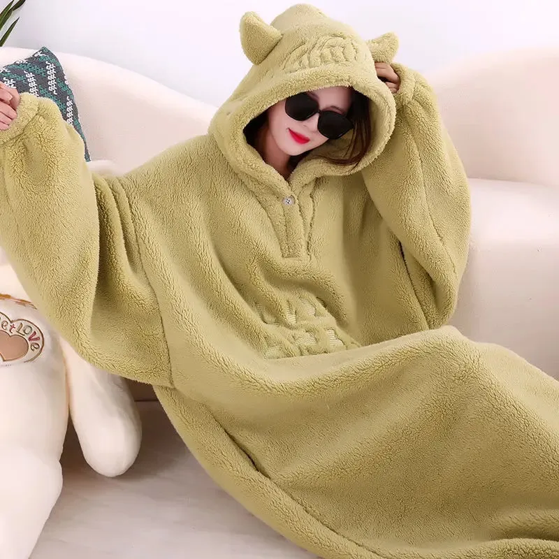 Winter Soft Fleece Oversized Blanket Robe With Sleeves Hooded Sweater Blanket Wearable Oversized Outdoor Warm Flannel Hoodie Blanket Robe