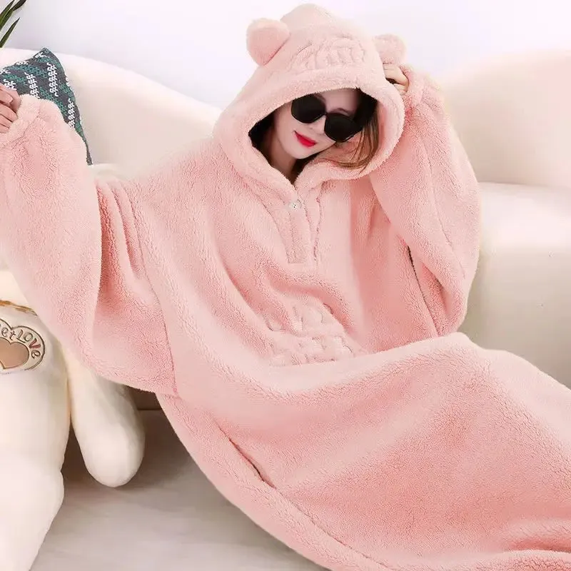 Winter Soft Fleece Oversized Blanket Robe With Sleeves Hooded Sweater Blanket Wearable Oversized Outdoor Warm Flannel Hoodie Blanket Robe