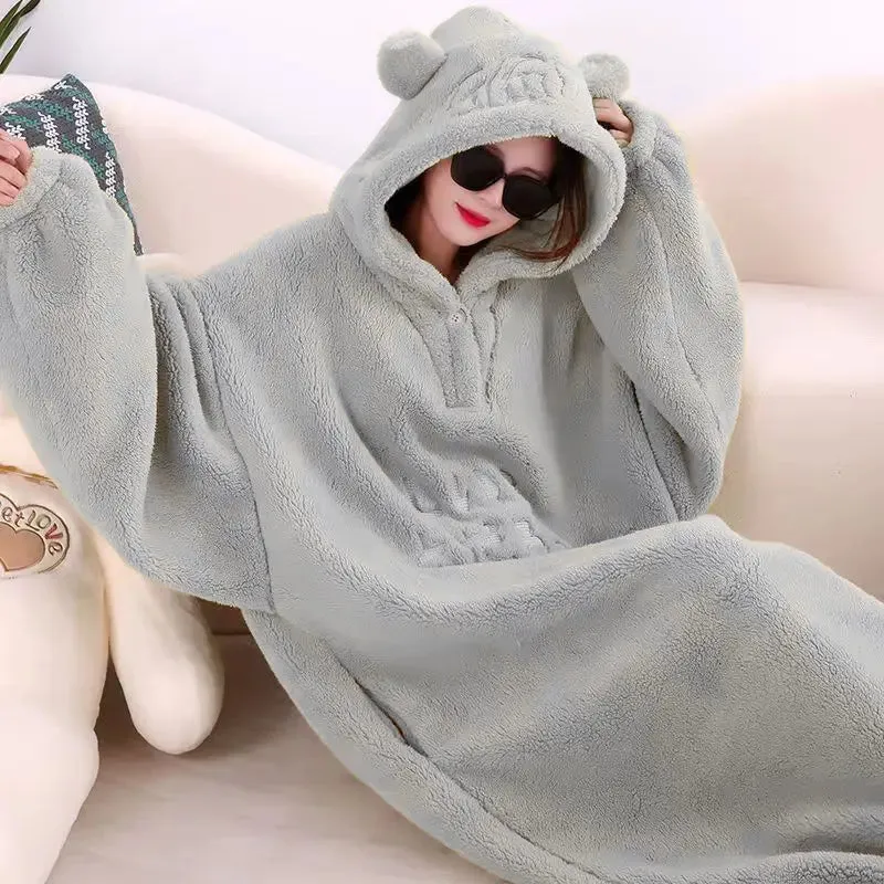 Winter Soft Fleece Oversized Blanket Robe With Sleeves Hooded Sweater Blanket Wearable Oversized Outdoor Warm Flannel Hoodie Blanket Robe