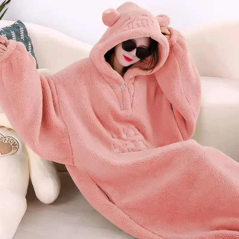 Winter Soft Fleece Oversized Blanket Robe With Sleeves Hooded Sweater Blanket Wearable Oversized Outdoor Warm Flannel Hoodie Blanket Robe