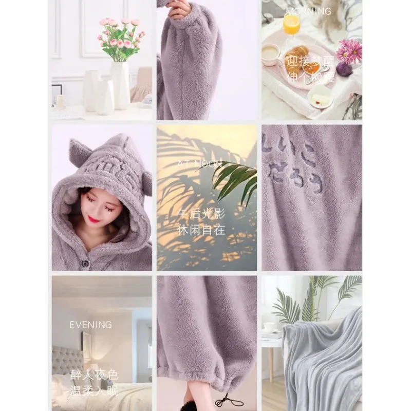 Winter Soft Fleece Oversized Blanket Robe With Sleeves Hooded Sweater Blanket Wearable Oversized Outdoor Warm Flannel Hoodie Blanket Robe