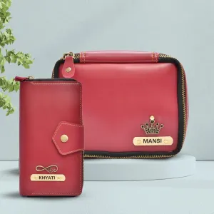 Women's Combo - Mini Makeup Kit & zip around lady Wallet (Wine)