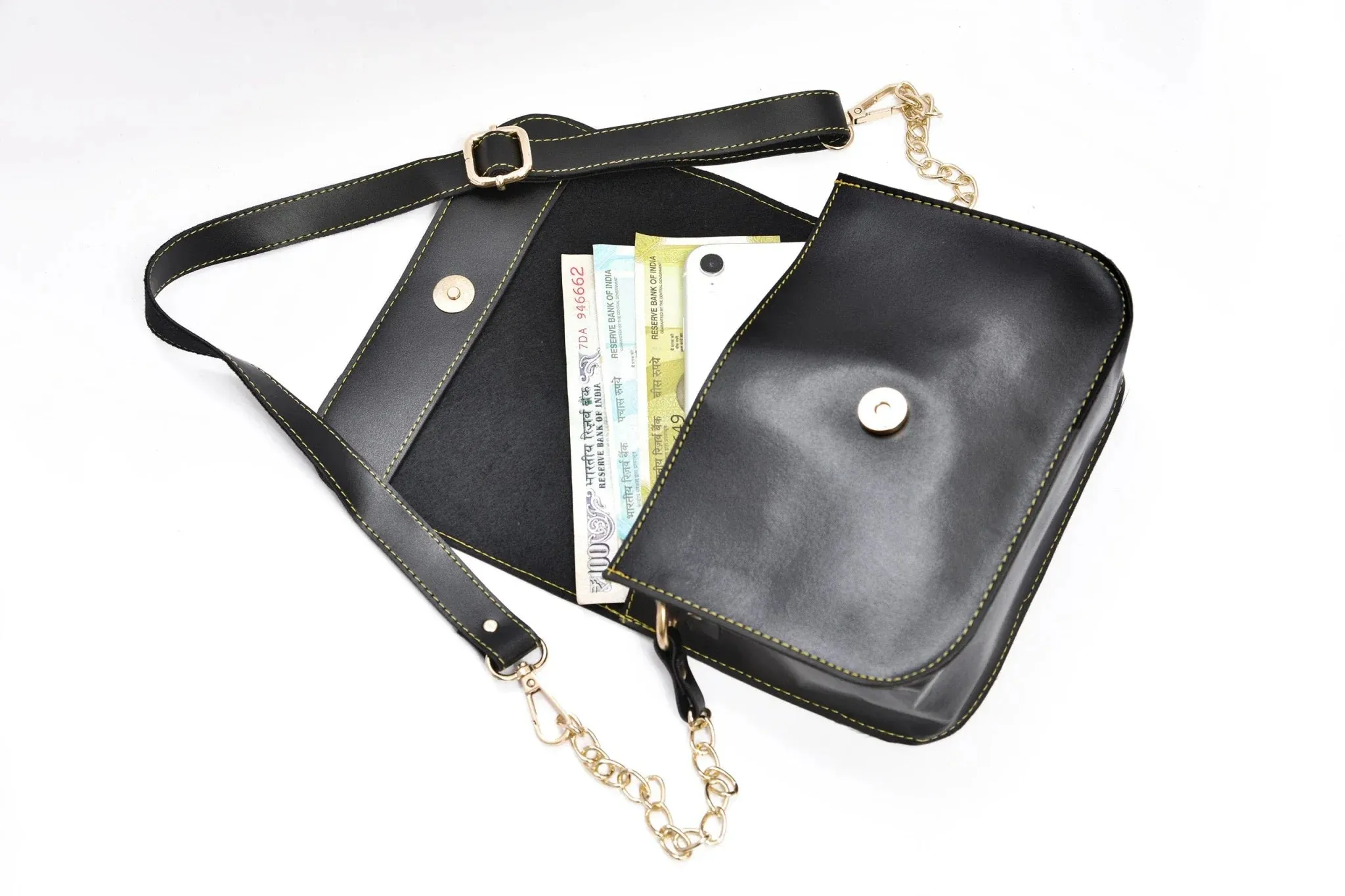 Women's Combo : zip-around Lady Wallet & Chained Sling Bag - Black