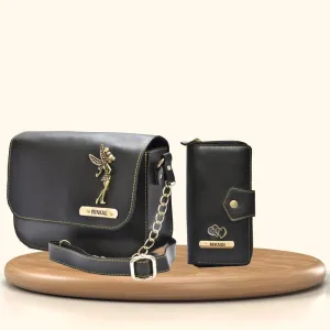 Women's Combo : zip-around Lady Wallet & Chained Sling Bag - Black