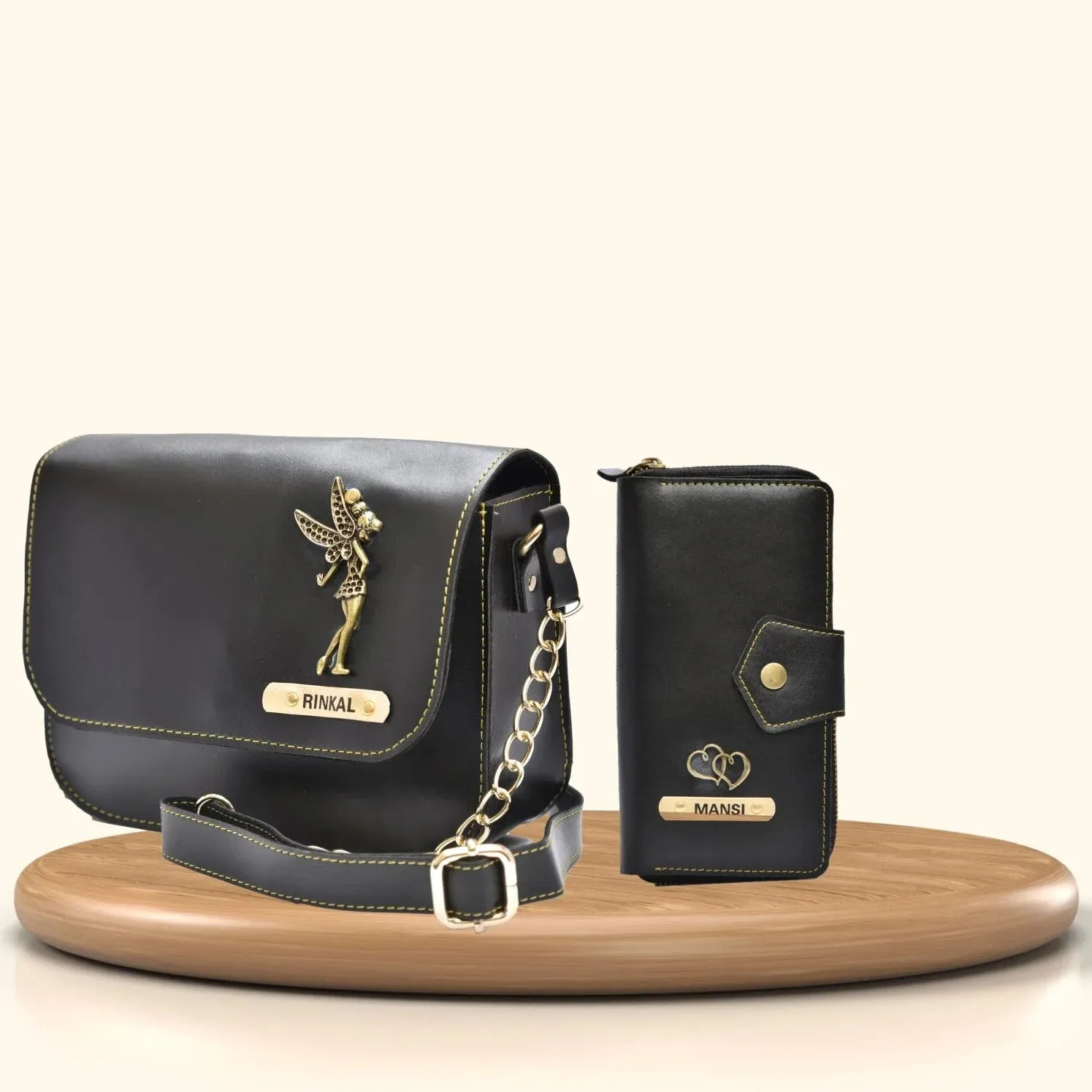 Women's Combo : zip-around Lady Wallet & Chained Sling Bag - Black