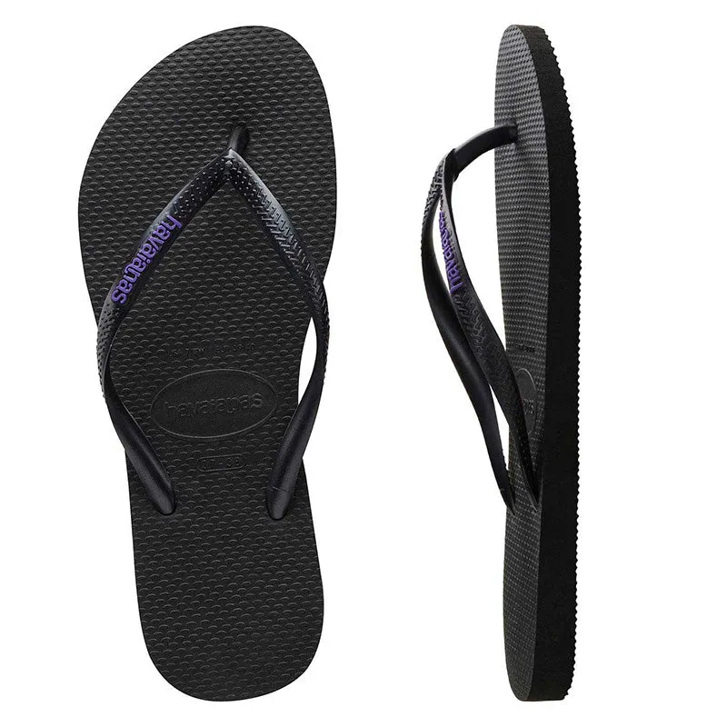 Womens Havaianas Slim Black/Lilac Logo Thongs