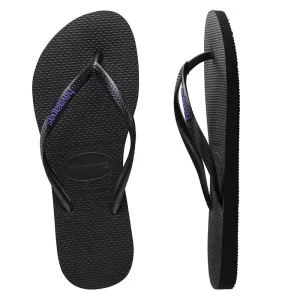Womens Havaianas Slim Black/Lilac Logo Thongs