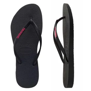 Womens Havaianas Slim Black/Pink Logo Thongs