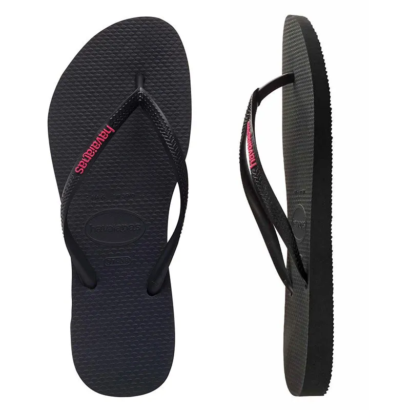 Womens Havaianas Slim Black/Pink Logo Thongs