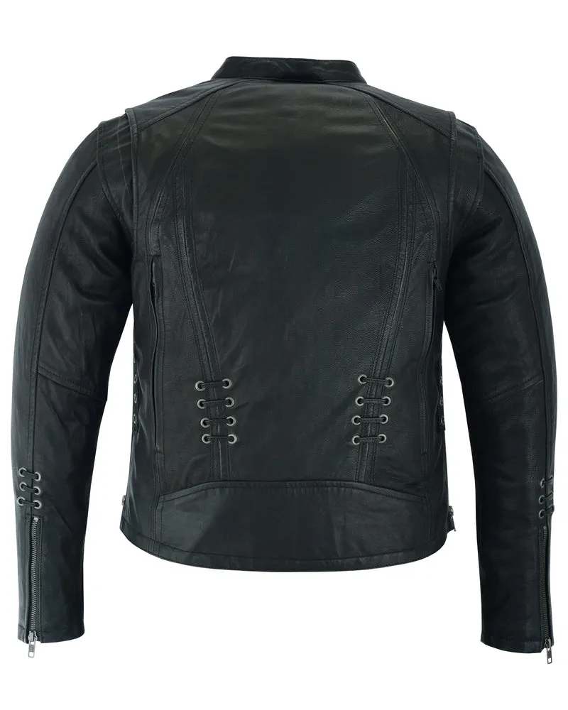 Women's Motorcycle Leather  Jacket with Grommet & Lacing Accents – Black