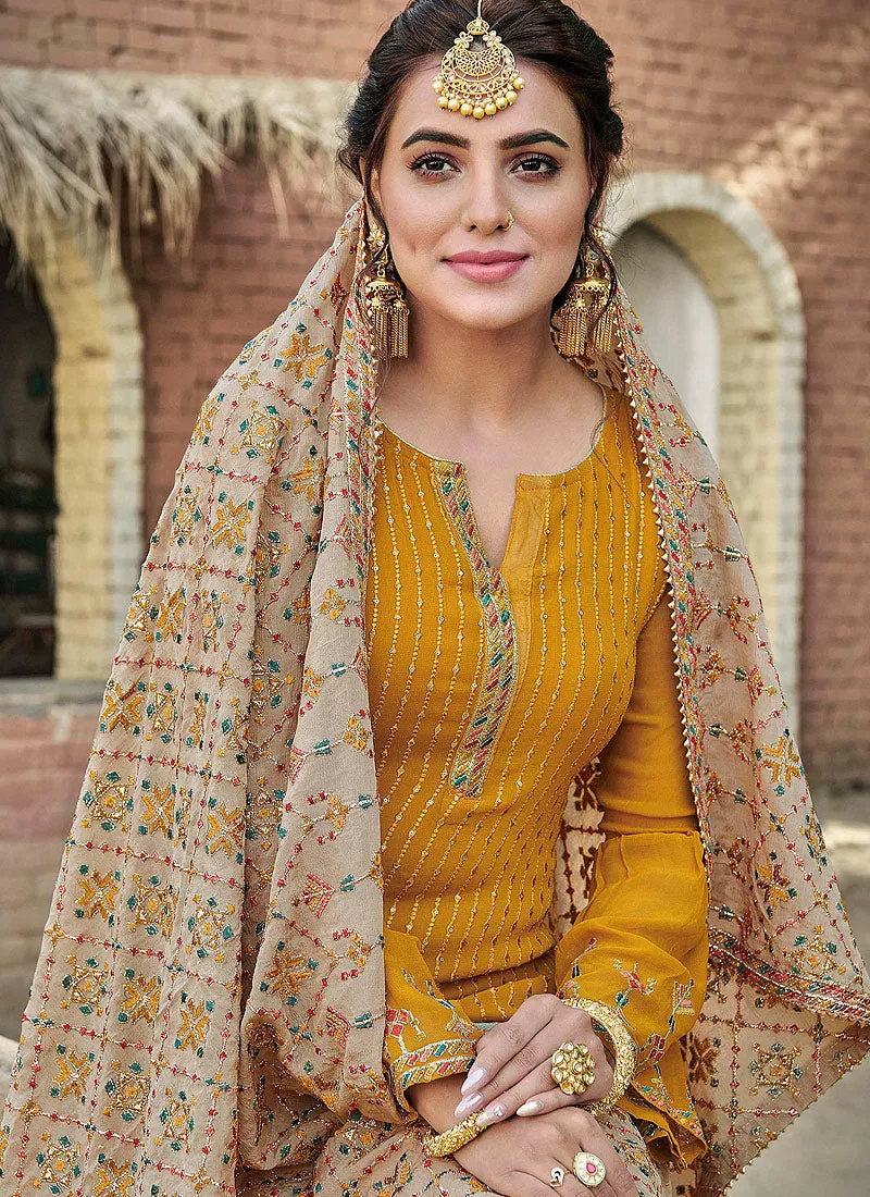 Yellow And Beige Embroidered Palazzo Suit